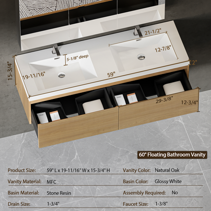 60" Liner - Floating Bathroom Vanity Integrated Double Sink Basin, Natural Oak V16-60NOW
