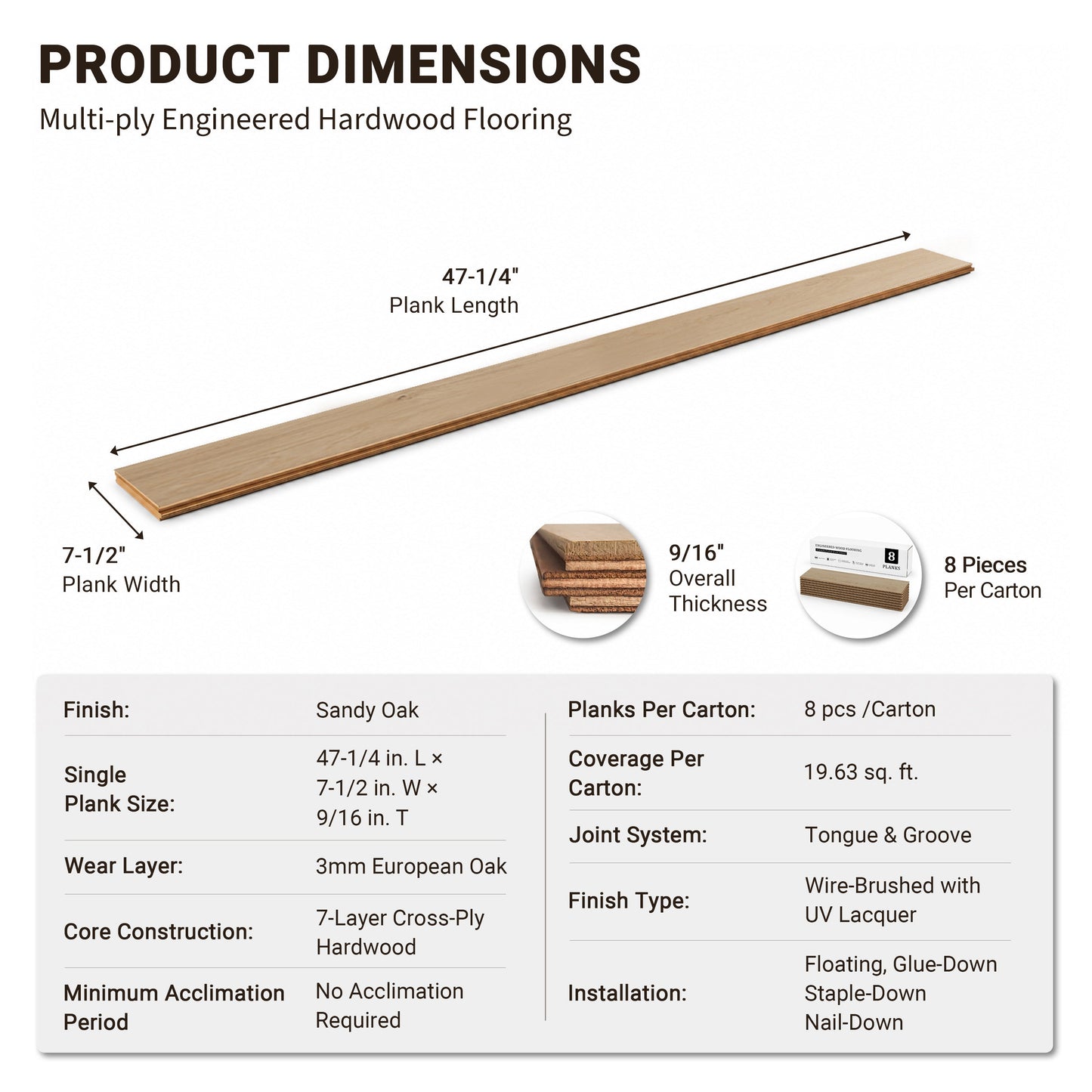 9/16" T x 7-1/2" W Multilayer Engineered Flooring T&G (19.63 Sq. Ft.), Sandy Oak F01-SO
