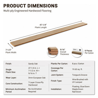 9/16" T x 7-1/2" W Multilayer Engineered Flooring T&G (19.63 Sq. Ft.), Sandy Oak F01-SO