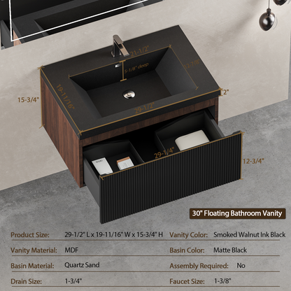 30" Liner - Floating Bathroom Vanity, Smoked Walnut & lnk Black V16-30WAB