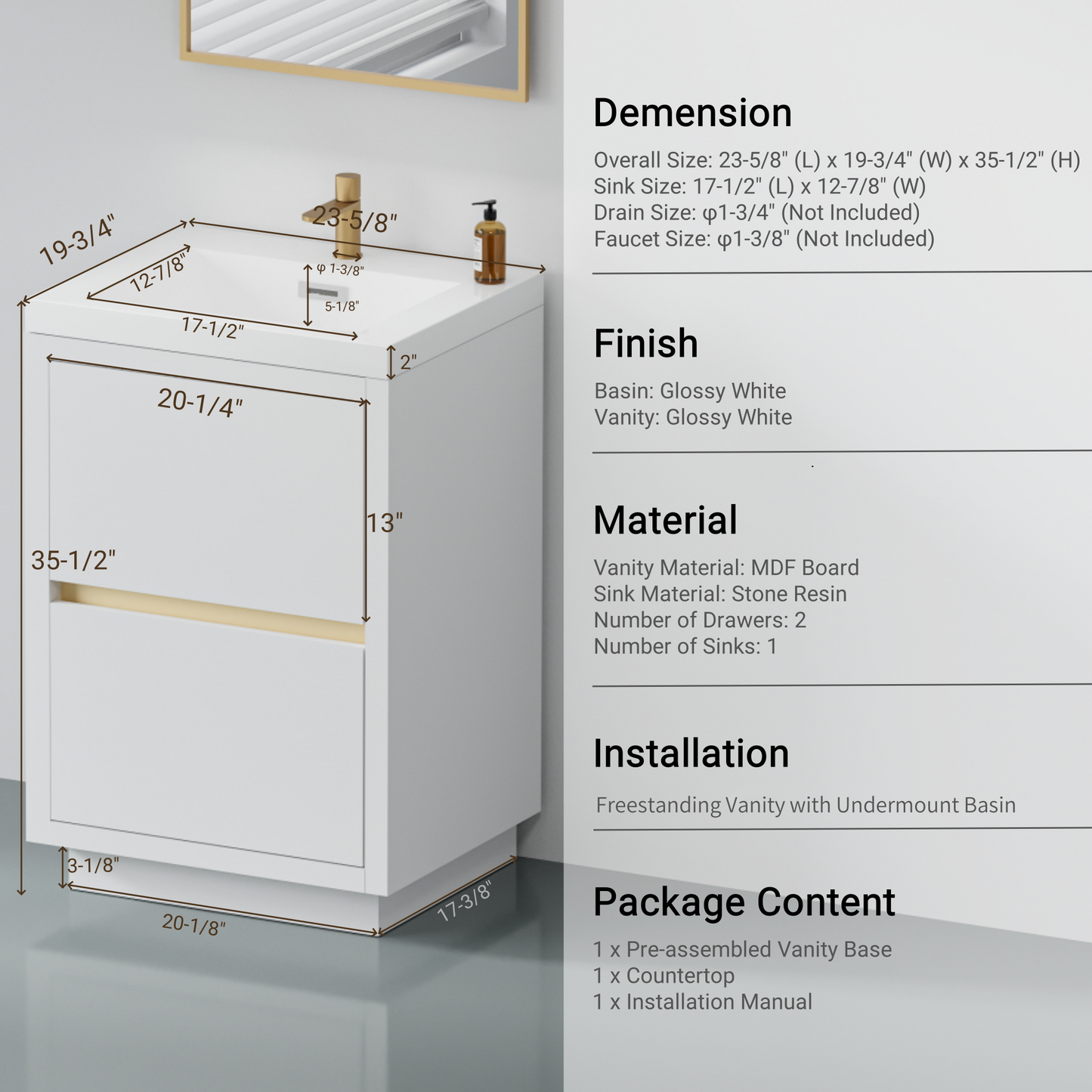 24" Aurelia - Freestanding Bathroom Vanity, Glossy White V14-24GW