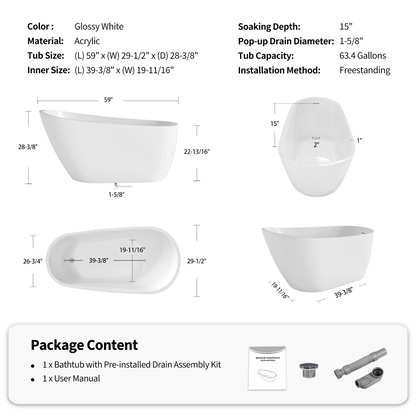 55"/60"/63" Modern Single Slipper Freestanding Acrylic Bathtub, Glossy White A04