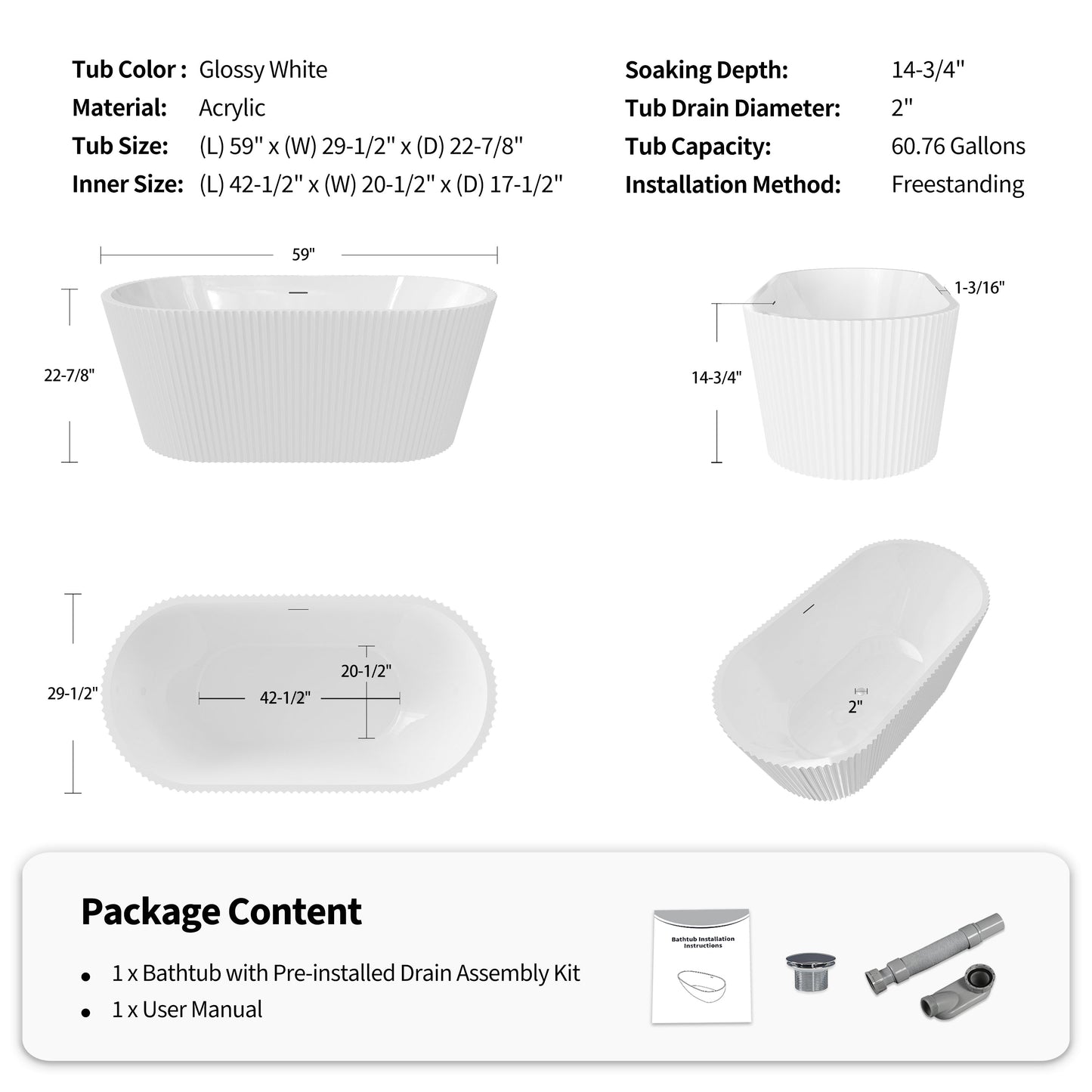60" Fluted Acrylic Freestanding Soaking Bathtub, Glossy White A13