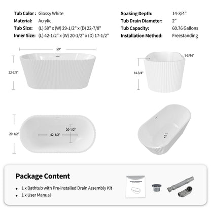60" Fluted Acrylic Freestanding Soaking Bathtub, Glossy White A13