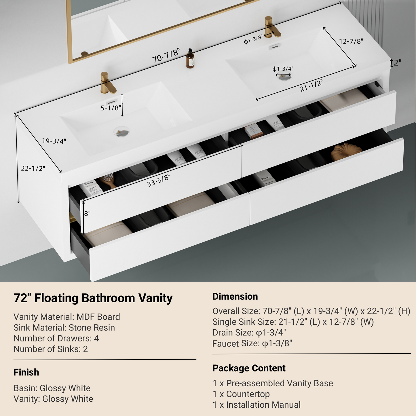 72" Aurelia - Floating Bathroom Vanity, Glossy White V15-72GW