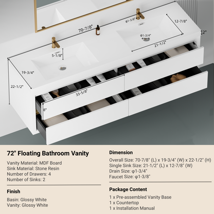 72" Aurelia - Floating Bathroom Vanity, Glossy White V15-72GW