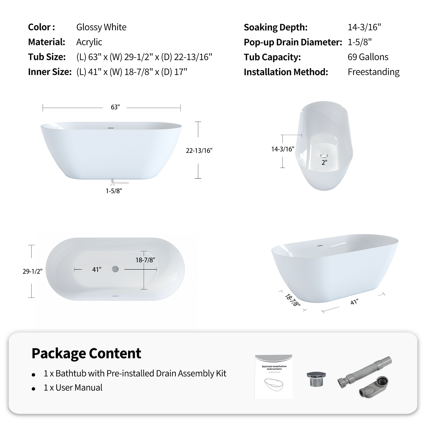 55"/60"/63" Minimalist Oval Acrylic Freestanding Soaking Bathtub, Glossy White A09