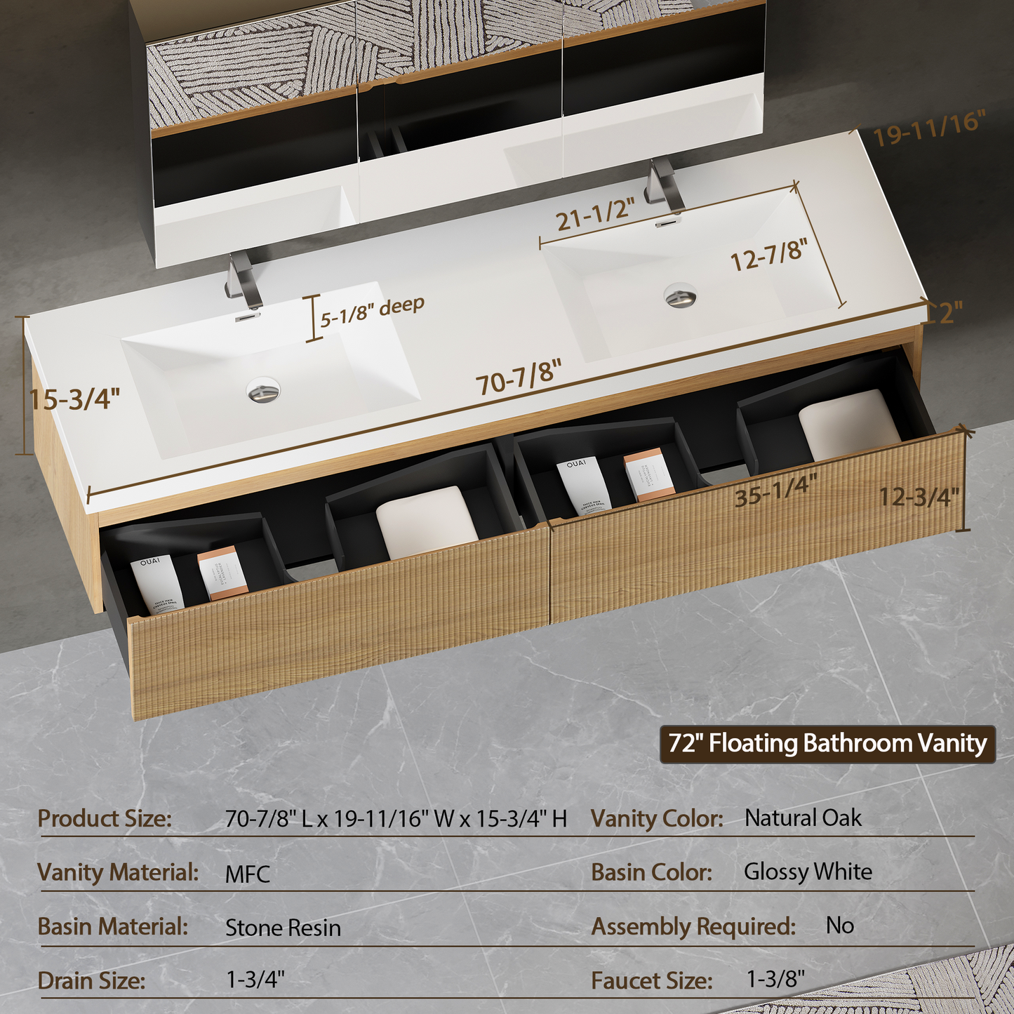 72" Liner - Floating Bathroom Vanity Integrated Double Sink Basin, Natural Oak V16-72NOW