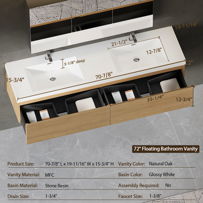 72" Liner - Floating Bathroom Vanity Integrated Double Sink Basin, Natural Oak V16-72NOW