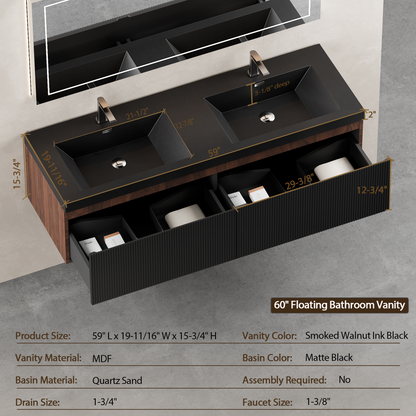 60" Liner - Floating Bathroom Vanity Integrated Double Basin, Smoked Walnut & lnk Black V16-60WAB