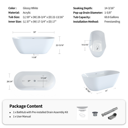 55"/60"/63" Minimalist Oval Acrylic Freestanding Soaking Bathtub, Glossy White A09