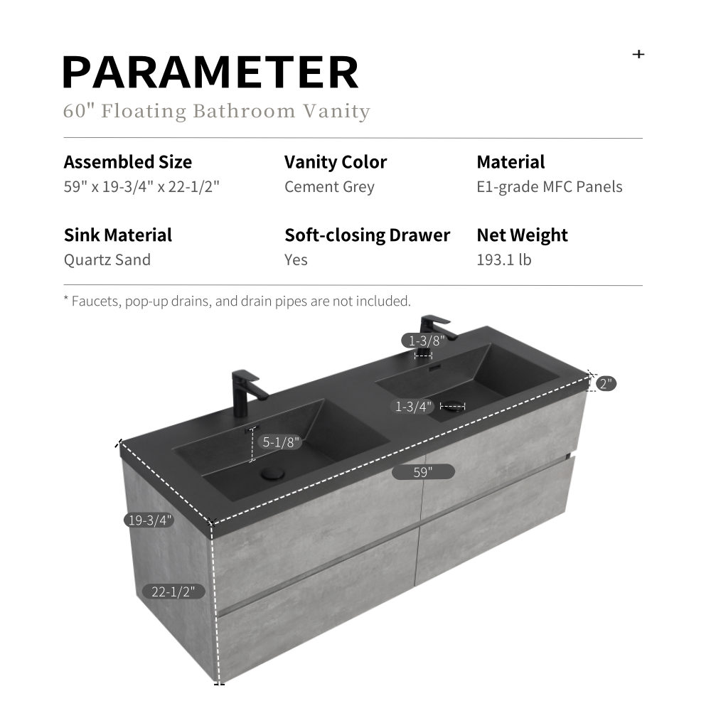 60" Edi - Modern Wall-mounted Bathroom Vanity V12-60GR