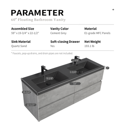 60" Edi - Modern Wall-mounted Bathroom Vanity V12-60GR