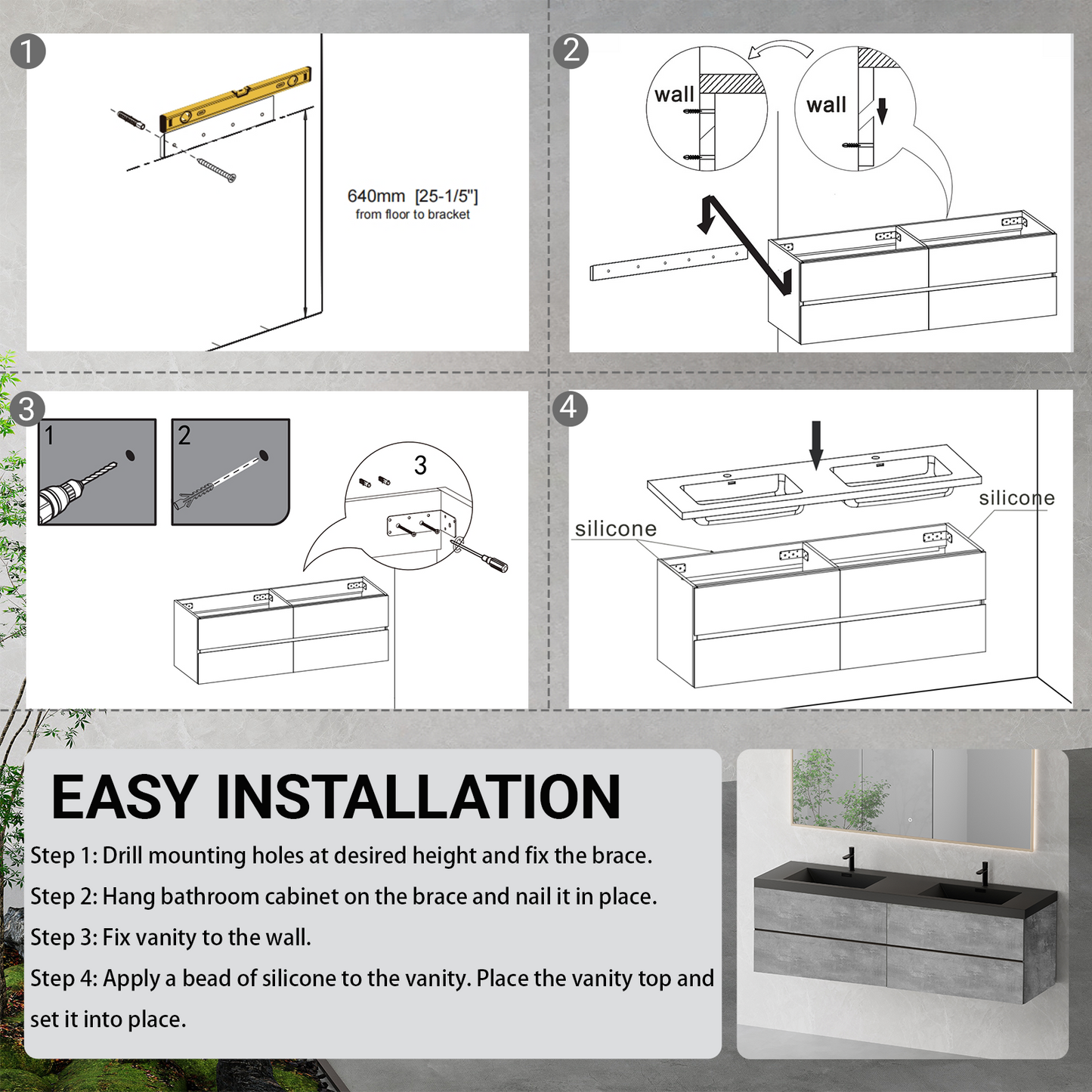 72" Edi - Modern Wall-mounted Bathroom Vanity V12-72GR