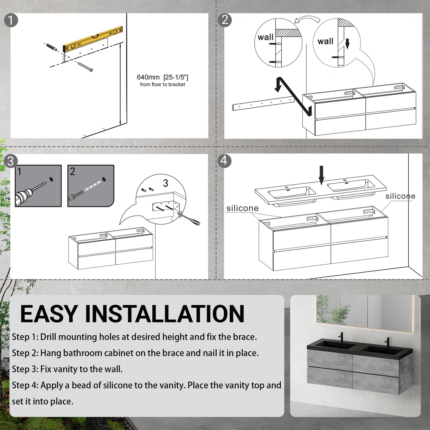 60" Edi - Modern Wall-mounted Bathroom Vanity V12-60GR