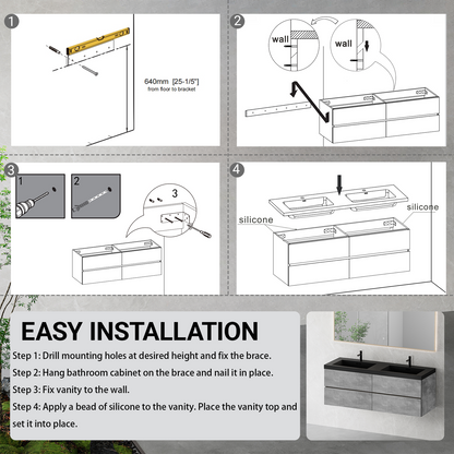 60" Edi - Modern Wall-mounted Bathroom Vanity V12-60GR