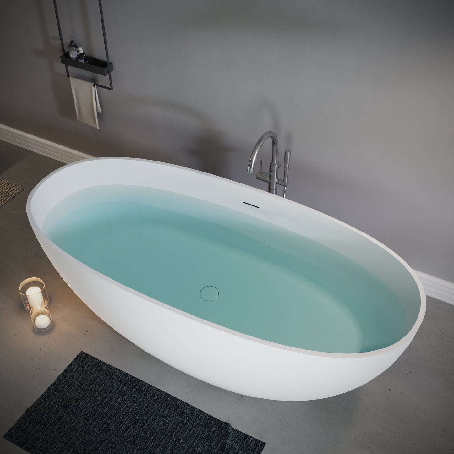 65" Elegant Oval Solid Surface Freestanding Soaking Bathtub, Matte/Gloss White S06-65