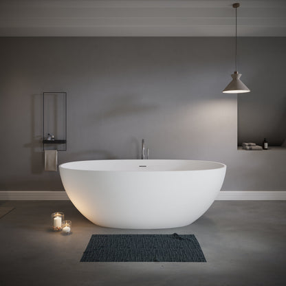 65" Elegant Oval Solid Surface Freestanding Soaking Bathtub, Matte/Gloss White S06-65